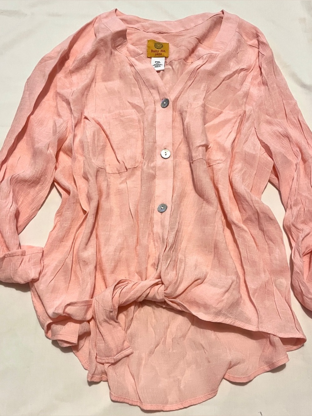 Ruby Rd. Pink Gauze Button Down Tie Front Blouse - Size PXL